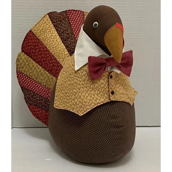 Vintage Turkey Stuffed Handmade Decor Fabric Thanksgiving‎ Vest Bow Tie Fall 13” - Picture 2 of 5